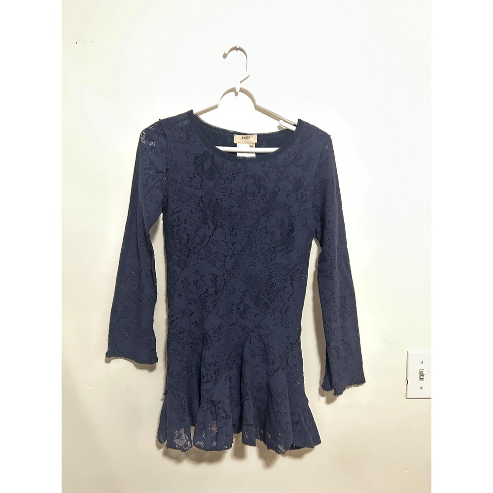 Fuzzi Navy Blue Floral Lace tunic Top Long Sleeve Made in Italy Size M